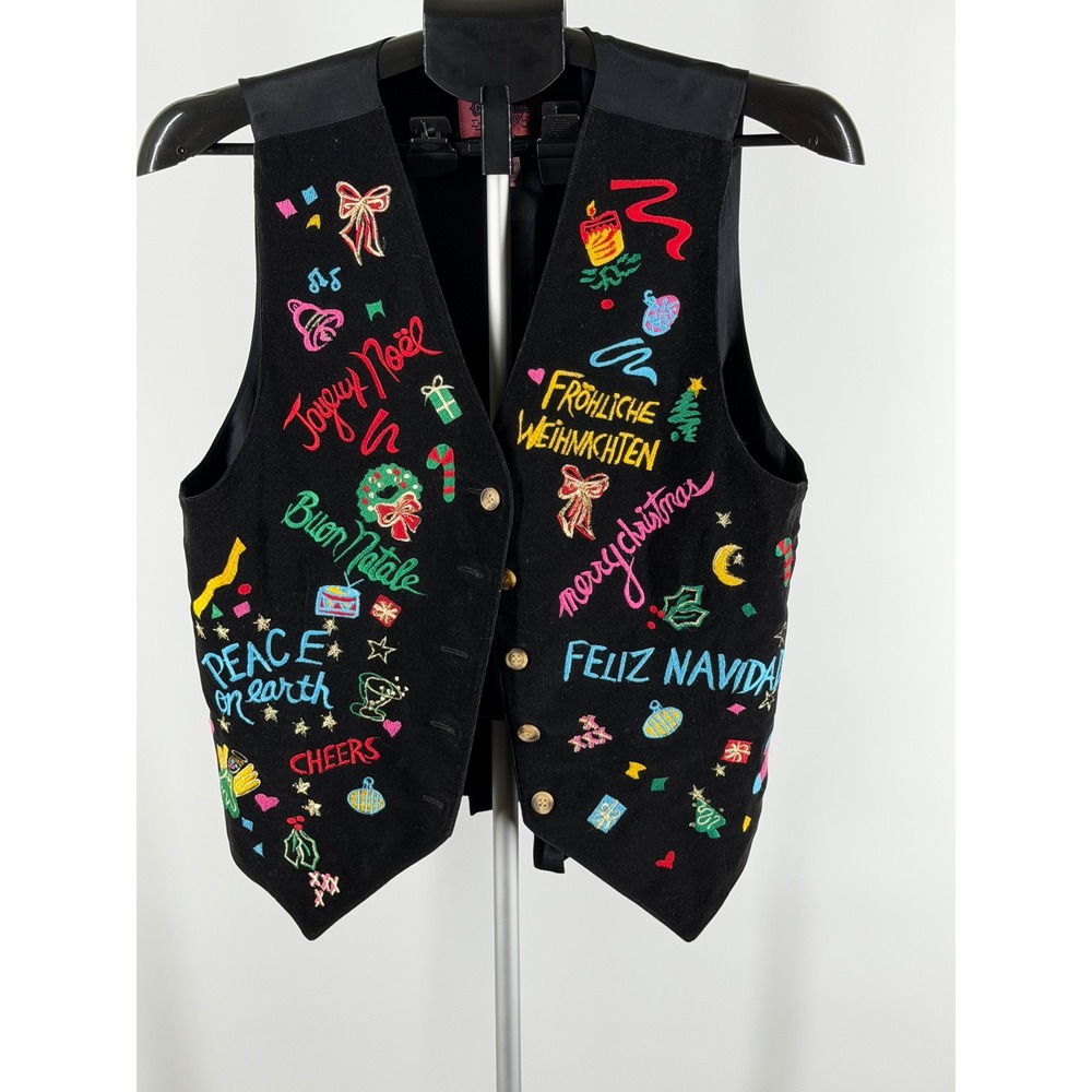 Cambridge‎ Country Store Vintage Christmas Vest Black Velvet Embroidered M